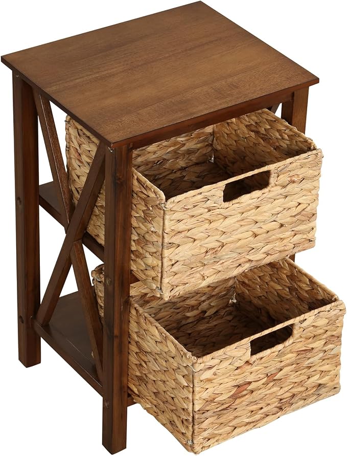 Giantex 2-Tier Nightstand with Wicker Baskets Set of 2, Wooden X-Design Side Table End Table, Beside Table with Acacia Wood Legs, Mid Century Accent Storage Cabinet for Small Spaces, Bedroom, Walnut - Image 9