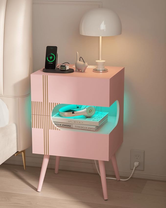 JOONEE White Nightstand with Charging Station and LED Lights,Modern Bedside Table with 2 Storage Drawer,Night Stand with Solid Wood Legs,White (Pink) - Image 9