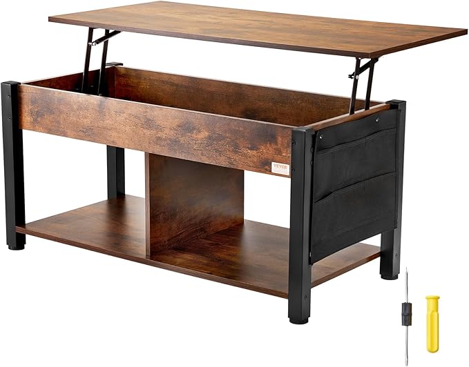 VEVOR Lift Top Coffee Table, 41.7 in Rectangle Coffee Table with Extra Storage Pockets, Pop Up Coffee Table for Living Room, Brown