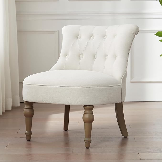 Zihanhome Living Room Chairs, Armless Accent Chair, Comfy Tufted Bedroom Chair, Upholstered Chair with Wooden Legs for Reading Room, Reception, Apartments and Dormitories (Beige)