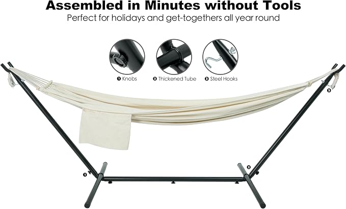 GAFETE Double Hammock with Stand for Outside, Upgraded Spreader Bar, Heavy Duty Space Saving Steel Stand 2 Person, Convenient Pocket, Easy Assembly, 600lbs Weight Capacity, Indoor & Outdoor (Natural - Image 6