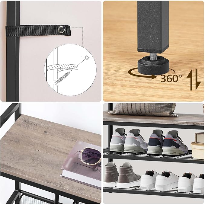HOOBRO Hall Tree with Bench, Entryway Bench with Coat Rack, Mud Room Rack with 12 Double Hooks and Shoe Storage, Coat Tree, Shoe Organizer, for Foyer, Front Door, Greige and Black BG05MT01 - Image 9