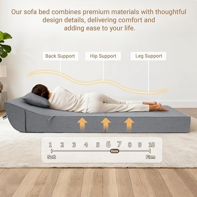 BeBen Folding Sofa Bed Chair, Convertible Sleeper Chair Futon Couch, Foldable Boneless Floor Lounger Sofa, Twin Foam Chair Bed for Small Spaces, Dorm, Guest Room, Living Room, Apartment, Grey