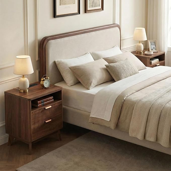 LYNCOHOME Fluted Nightstand with Charging Station, 19.7 inch Wide End Table with 2 Drawers, Modern Wood Bedside Table for Bedroom,Brown,1 Pcs - Image 7