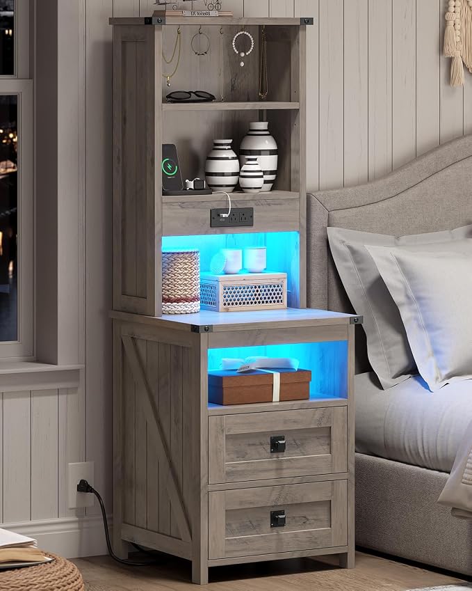 Farmhouse Tall Nightstand with Charging Station and 2 Drawers,Led Night Stand with Bookshelf,Bedside End Side Table with 6 Hooks and Storage Shelves for Bedroom,Grey - Image 9