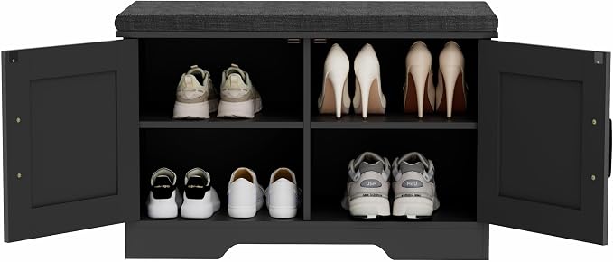 HOMSHO 2-Tier Storage Bench, 27.6" Wide Shoe Bench with Padded Seat Cushion, Entryway Bench with 2 Barn Doors and Adjustable Shelf, Black - Image 9