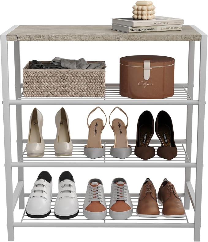 HOMEFORT 4-Tier Shoe Rack, Modern Industrial Shoe Storage Tower, Narrow Shoe Organizer for Closet Entryway, Small Shoe Rack Table with Durable Metal Shelves and MDF Top, White Oak - Image 9