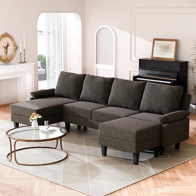Sectional Couches for Living Room Furniture Sets, 4 Seat U Shaped Sectional Couch with Storage, Adjustable Sofa with Armrests and Ottoman for Apartment, Dark Brown