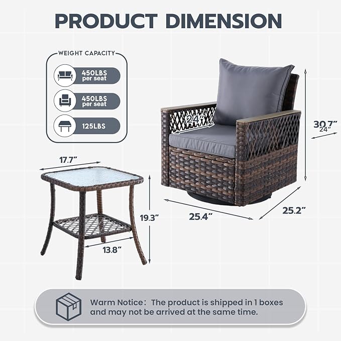 MELLCOM Outdoor Swivel Rocker Patio Chairs,3 Pieces Patio Bistro Set with Table Set, All-Weather Wicker Patio Furniture Set with Thickened Cushions and High Back for Garden, Backyard