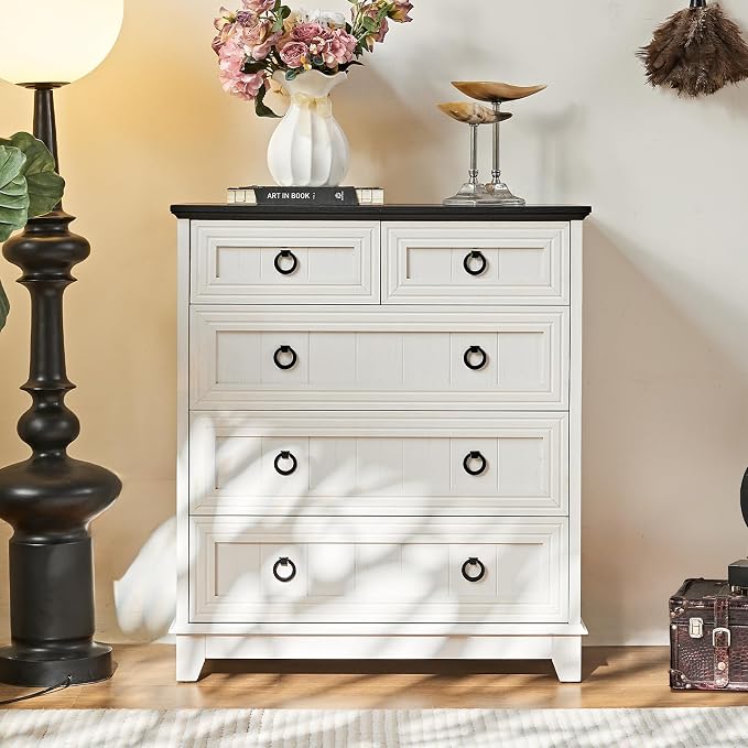 Joaxswe Farmhouse 5 Drawer Dresser for Bedroom, 33.2" Tall Small Dressers & Chest of Drawers, Rustic Wood Dresser with Metal Handle, Storage Organizer Closet for Living Room, Hallway, Entryway - Image 6