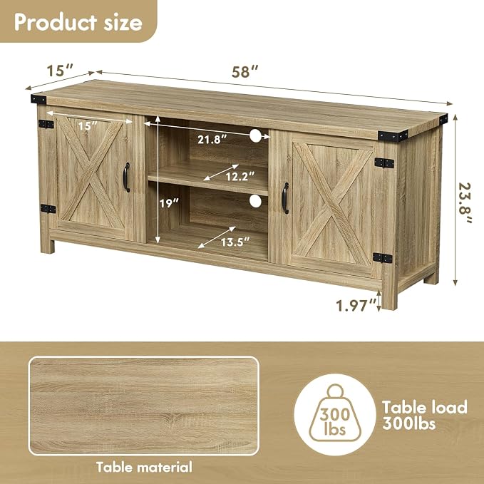YESHOMY Modern Farmhouse TV Stand with Two Barn Doors and Storage Cabinets for Televisions up to 65+ Inch, Entertainment Center Console Table, Media Furniture for Living Room, 58 Inch, White Oak - Image 10