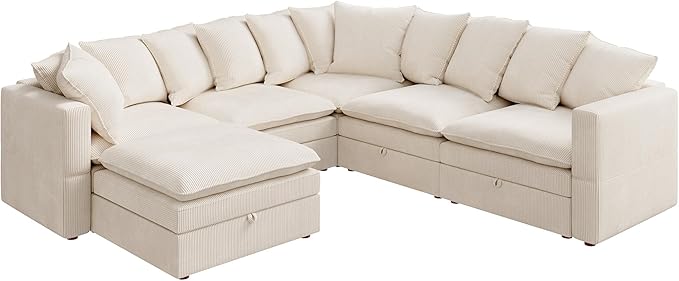 HONBAY Modular Sectional Sofa, 6 Seat U Shaped Corduroy Couch with Storage & Pillows, Convertible Sectional Couches for Living Room, Beige