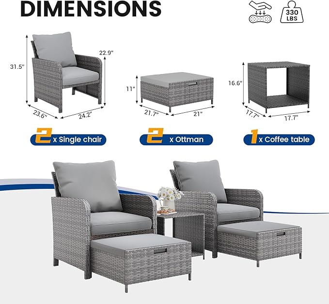 UDPATIO Patio Chairs with Hiddern Ottoman Balcony Furniture Small Space, Wicker Outdoor Patio Furniture with Side Table for Deck, Porch