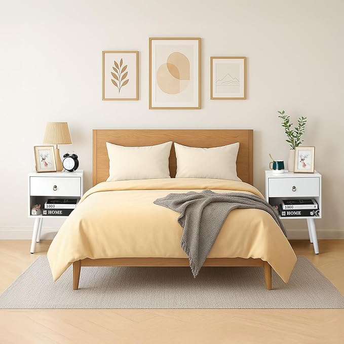 Bonnlo White Nightstand, Modern Bedside Table with Drawer Open Shelf, End Table with Solid Wood Legs for Bedroom、Living Room - Image 8