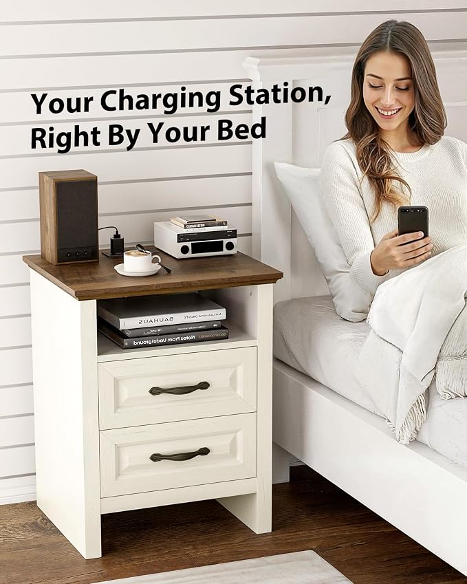 Pipishell Night Stand with Charging Station, Farmhouse Bedside Table with 2 Drawers and Open Storage, Rustic End Table with AC Outlets & Type-C Ports for Bedroom, White & Brown - Image 9