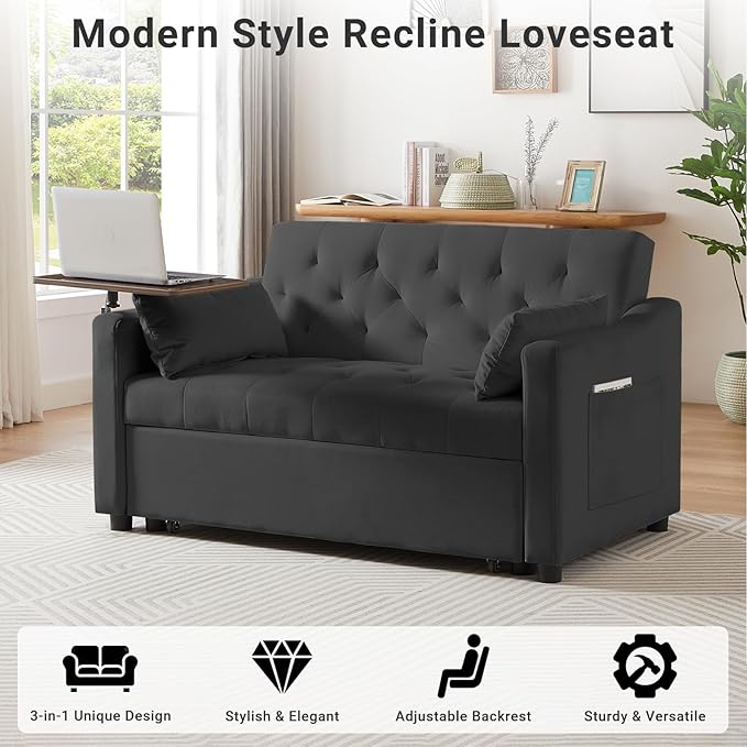 3 in 1 Convertible Sofa Bed, Pull Out Couch with 3-Level Adjustable Backrest, Loveseat Sleeper Recliner with Storage Pockets and Side Table, Velvet Chaise Lounge for Living Room