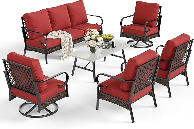 6 Piece Metal Outdoor Patio Furniture Set, Patio Conversation Set with Swivel Chair and 5.75" Thick Cushion & Coffee Tabl, Outdoor Seating Black Frame Backyard Furniture, Rust Red