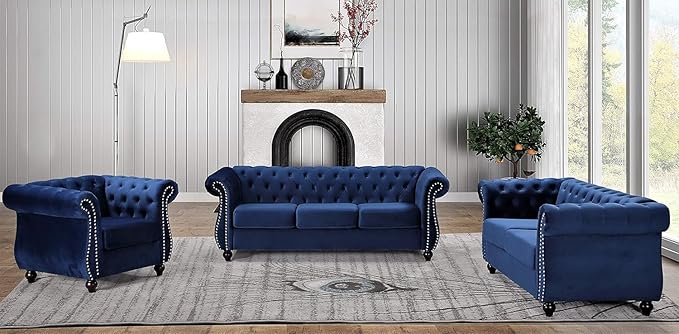 Feinstein Modern Velvet Chesterfield Couches for Living Room with Nailheads, Diamond Tufting & Durable Metal Frame, Chair, Dark Blue