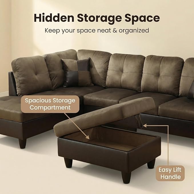L-Shape Sofa with Storage Ottoman, Flannel Sectional Couch with Left Chaise, Modern 3-Piece Sofa Set for Living Room, Upholstered Couch Set with Solid Wood Frame for Apartment, Loft, Taupe