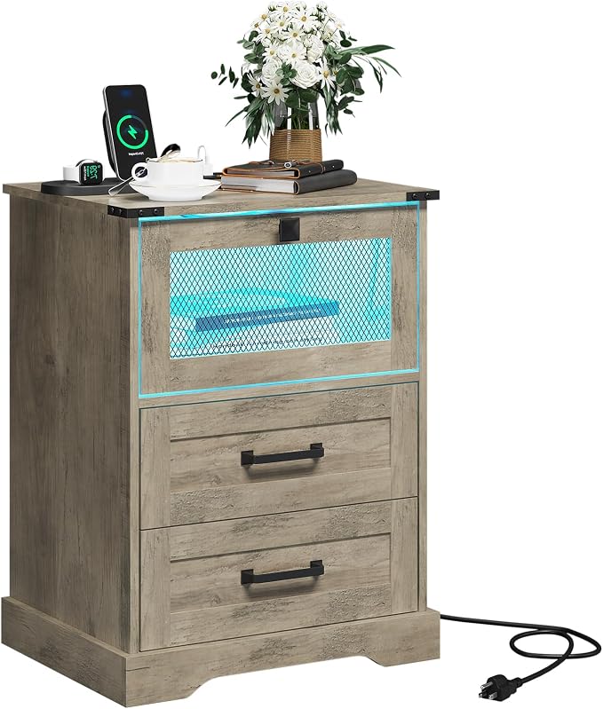 Hasuit Farmhouse Night Stand with LED Lights and Charging Station, Rustic Oak Nightstand with 2 Drawers, and Cubby with Wire Mesh Door, Bedside End Table for Bedroom - Image 7