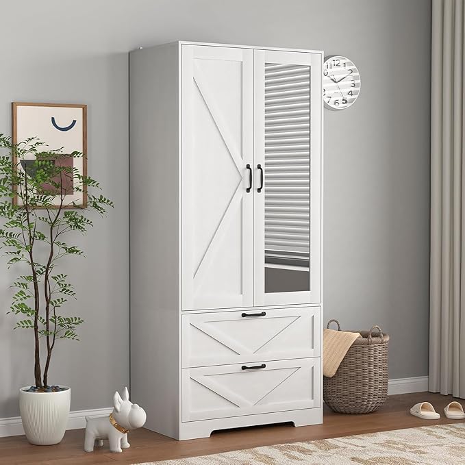 White Armoire Wardrobe Closet with Mirror Door and LED Lights,72" Tall Farmhouse Bedroom Armoire with Drawers and Adjustable Shelves,Wooden Armoire Wardrobe Closet for Bedroom
