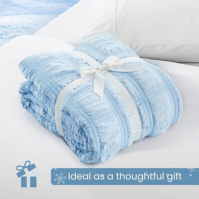 Cozy Bliss Cooling Comforter Seersucker Plaid Full Size, Q-Max 0.45 Lightweight Cooling Blanket, Breathable Silk Smooth Summer Bedding Quilt for Hot Sleepers Night Sweats Blue