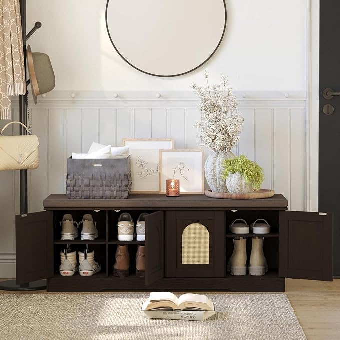 DINZI LVJ Shoe Bench, Boho Entryway Bench with Rattan-Like Doors, Cushion, Adjustable Shelves, 2-Tier Shoe Rack with seat, 47.2”L x 13.8”W Shoe Organizer Cabinet for Hallway, Bedroom, Espresso Rattan - Image 9