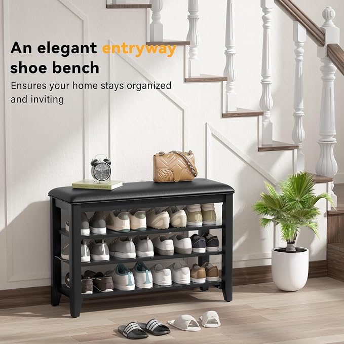 Entryway Shoe Storage Bench with Leather Cushion, Shoe Organizer Bench for Entryway, Ideal for Hallways Front Doors Entrances Mudrooms Featuring Rubberwood And 3 Height-Adjustable & Removable Shelve - Image 7
