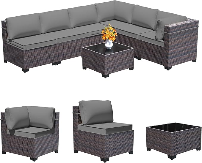 7 Pieces Outdoor Patio Furniture Set,Outdoor Sectional Furniture All Weather PE Rattan Wicker Patio Conversation Set with Coffee Table and 6 Thickened Cushions,Grey