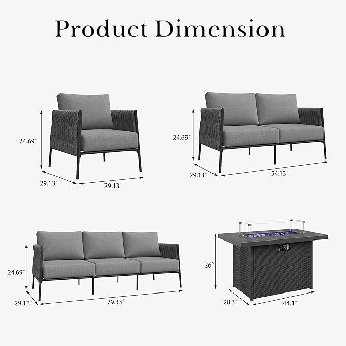 LayinSun 7 Piece Outdoor Furniture Set with Fire Pit Table, Modern Rope Woven Patio Conversation Sofa Set with Olefin Braid and Deep Seating