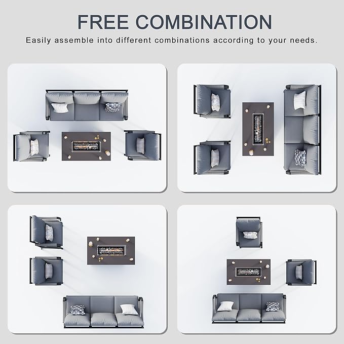 4 Pieces Patio Conversation Sets, All Weather Metal Outdoor Furniture Set 3-Seater 2 Single Chairs with Fire Pit Table for Backyard Garden Deck Porch Poolside, Gray