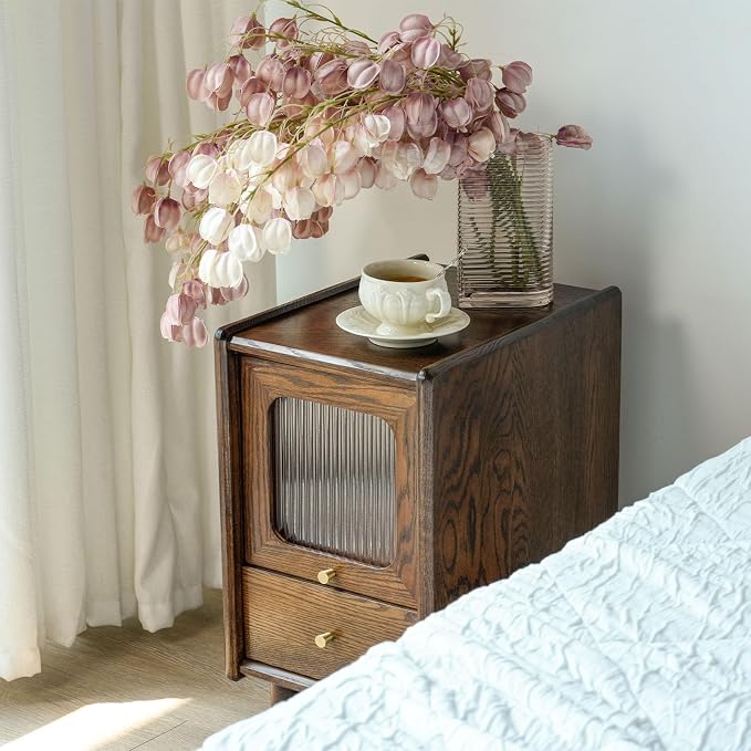 Mid Century Modern Narrow Nightstand with Drawers, Solid Wood Oak Bedside Table, Side Table, 11.81 W x 15.75 D x 21.26 H Inches, Walnut - Image 8