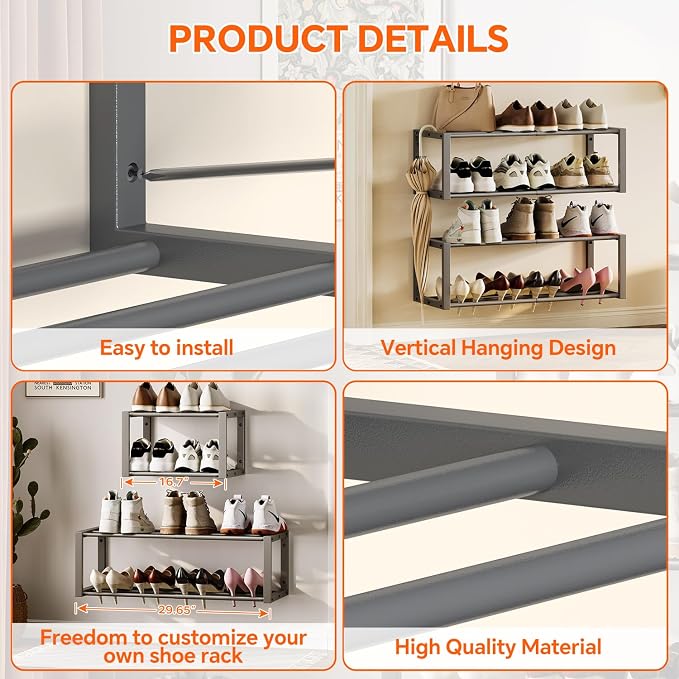 Homeiju Hanging Shoe Organizer,2 Pack Wall Mounted Shoe Rack Holds 12 Pairs,Space Saving Metal Wall Shoe Rack,Hanging Shoe Rack Shoe Holder for Small Space,Entryway,Closet,RV,Camper (Grey) - Image 9