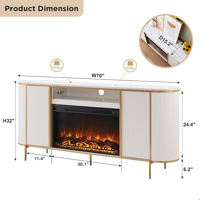 OKD Luxury 70" Fluted Fireplace TV Stand, Modern Chic Entertainment Center for TVs Up to 80 inches, TV Console with Faux Marble Top, Curved Profile Design, Media Console for Living Room, Off White - Image 6