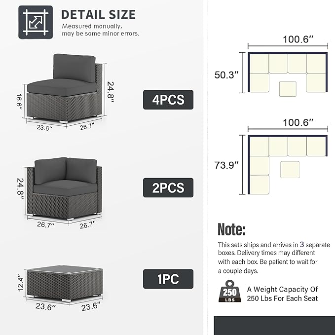 SUNCROWN 7-Piece Outdoor Patio Furniture Sofa Set All-Weather Wicker Sectional Conversation Set with Modern Glass Coffee Table, Cushions and A Waterproof Cover for Backyard, Garden, Poolside, Grey