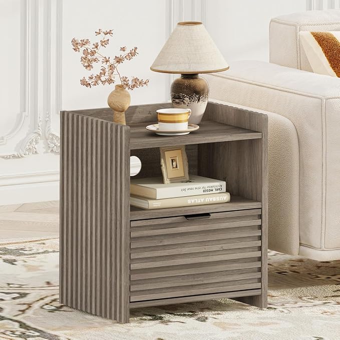 BON AUGURE Nightstand, Grey Fluted Night Stand, Wooden Bedside End Tables with Drawer Storage, Modern Bed Side Night Stands for Bedroom, Living Room (Greige Oak) - Image 9
