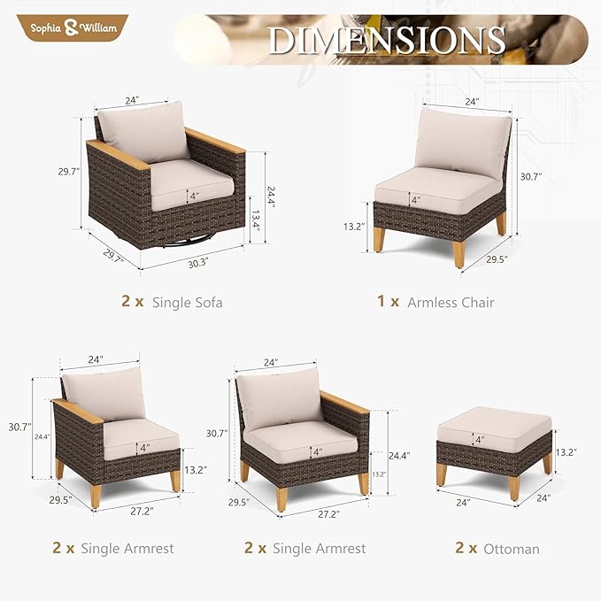 Sophia & William Patio Furniture Set with Swivel Chairs, 9 Piece Outdoor Sectional Furniture Wicker Modular Sofa Couch, Conversation Set for Deck Backyard Lawn, Beige