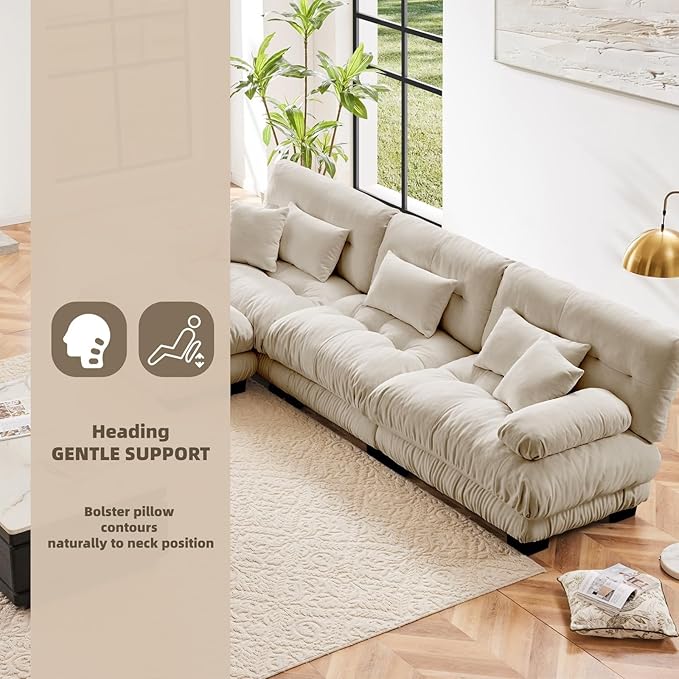 133.8" L-Shaped Cloud Couch, Oversized Modular Sectional Sofa, Deep Seat Cloud Boneless Couch, 3-Seat Modular Sectional Sofa with Ottoman or Living Room,Bedroom and Apartment, Light Coffee