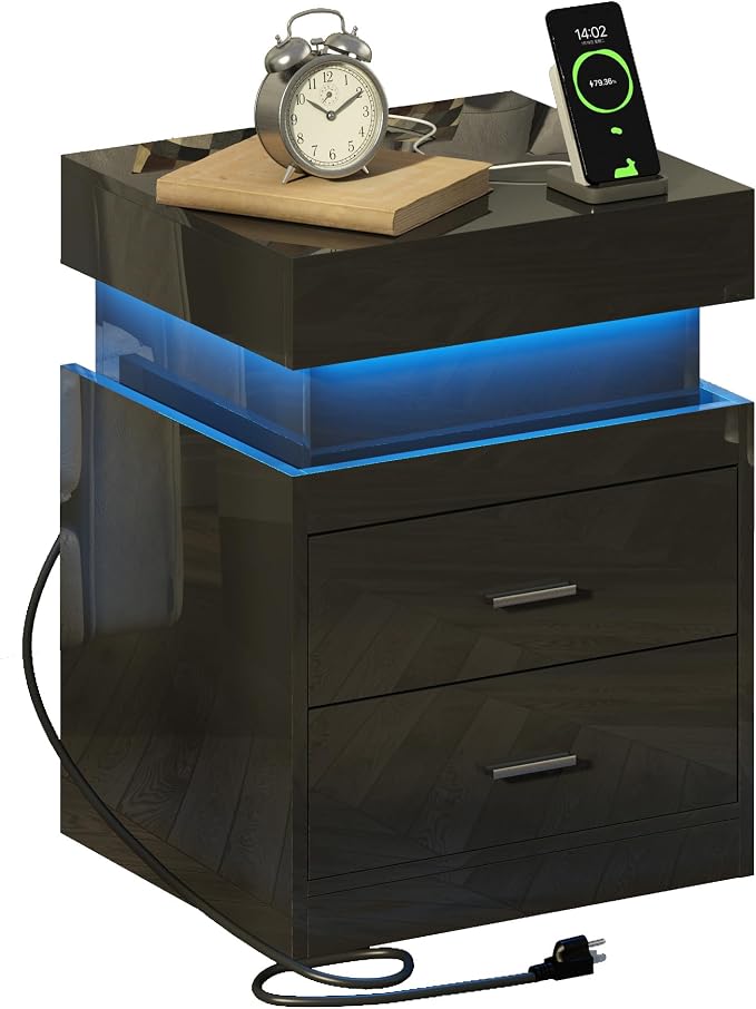 ChooChoo LED Nightstand with Charging Station,Smart Night Stand with Sliding Top Storage, 2-Drawers High Gloss Bedside Table, Modern End Table for Bedroom,Black - Image 8