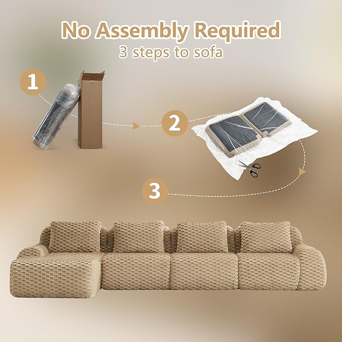 146" L-Shaped Compressed Sectional Cloud Sofa, Flannel Upholstered Modular Deep Seat Sofa with 5 Pieces, Modern Floor Boneless Foam Modular Cloud Couches for Living Room