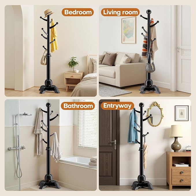 Hall Tree, Freestanding Wood Tree Rack with 7 Hooks, Coat Rack with Stable Sphere Base, Wooden Coat Rack Stand, Load 210 lb, Coat Hanger Stand for Entryway, Hallway, Bedroom (Black) - Image 7