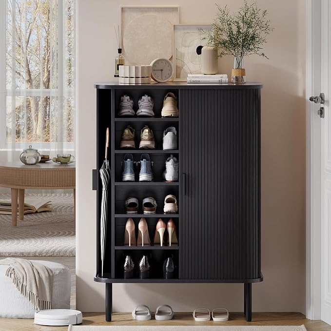 ONBRILL 6-Tier Shoe Cabinet with Sliding Door, Wooden Shoe Storage Cabinet with Adjustable Shelves, Mid-Century Modern Freestanding Shoe Storage Organizer for Entryway, Hallway, Living Room, Black - Image 8