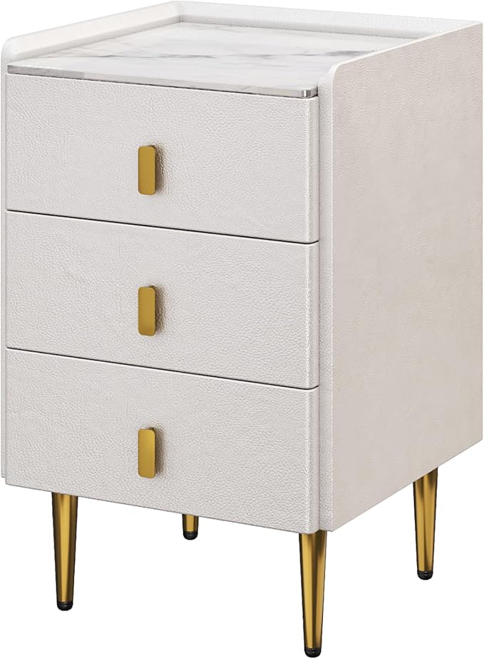 STARSAGA Narrow Nightstand with Drawers, 15.75" Narrow Bedside Table for Bedroom, Solid Wood Narrow Night Stand with Sintered Stone Top & Leather Surface, Slim Nightstand for Small Spaces, White - Image 9