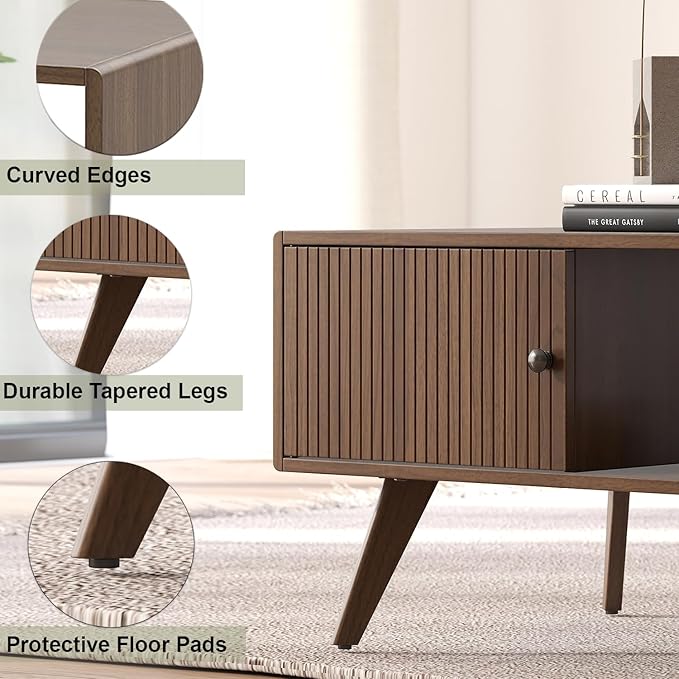 Manora Mid Century Modern Coffee Table with Storage Cabinet and Open Shelf, Wooden Living Room Table with Fluted Drawer and Solid Wood Legs, Walnut Finish Center Table for Small Spaces