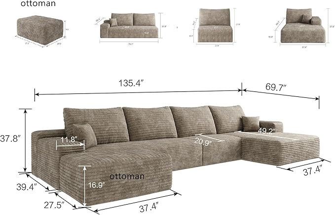 37.4" Rectangle Ottoman Foot Rest for Couch - Corduroy Upholstered Compressed Memory Foam, Cloud Ottoman for Modular Sectional, No Assembly Required, DIY Combination, Camel