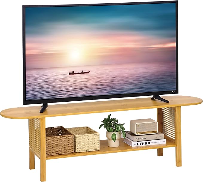 Bamboo TV Stand for TVs up to 65", Accent Entertainment Center with Storage, Media Console Table with Rattan, Modern TV Stand for Living Room, Bedroom, 55"(L), Burlywood - Image 9