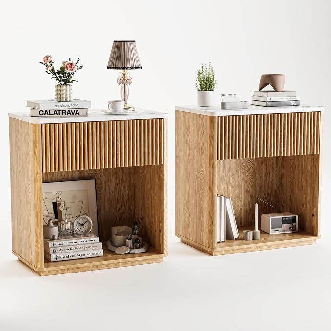 Modern Fluted Nightstand Set of 2 for Bedroom, Mid Century Bedside Table Set with Marble Top & Drawer, Wood End Table, 2 Farmhouse Night Stands for Guest Room, Hallway, Oak - Image 9