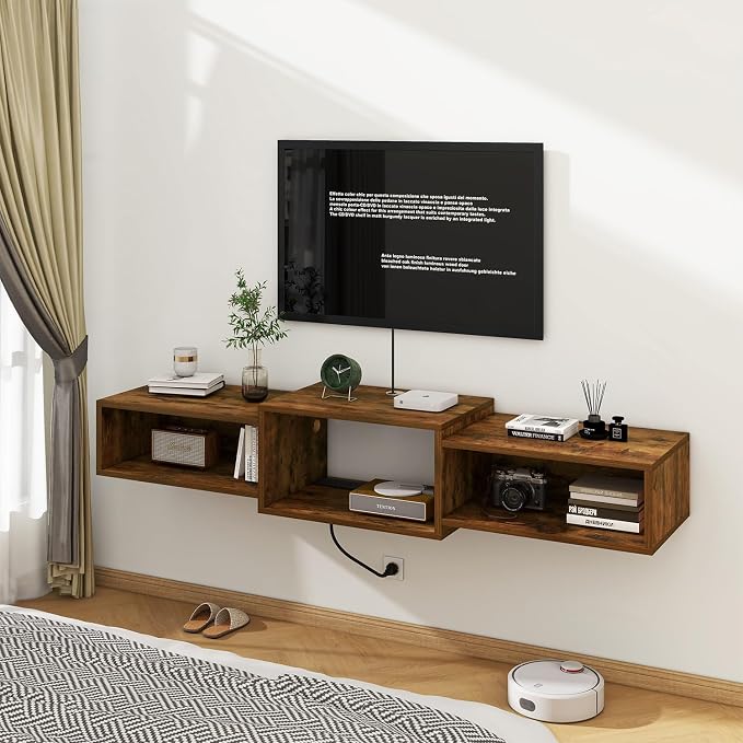 IBUYKE Floating TV Stand Wall Mounted with Power Outlet,Wood Wall Mounted Media Console Shelf,Floating Entertainment Center for Under TV Storage for Living Room Bedroom Office,Rustic Brown WST001H - Image 8