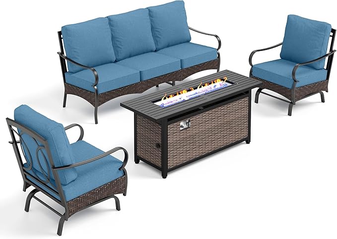 Patio Furniture Set with 56" Fire Pit Table, Premium Outdoor Wicker Metal Frame Furniture with Upgraded Waterproof Thick Cushions for Porch, Poolside, Deck, and Yard (4 Pieces,Navy