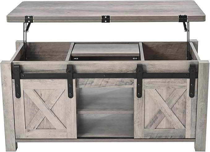 VEVOR 39.4 in Farmhouse Lift Top Coffee Table, Rustic Center Table with Barn Door and Hidden Storage Compartment, Modern Rectangle Lifting Tabletop for Living Room, Office, Home, Easy Assembly, Oak